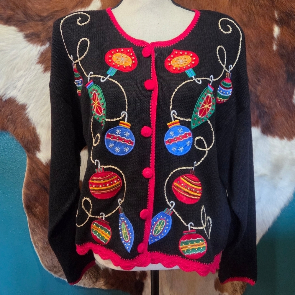Festive Black Sweater with Colorful Ornaments
